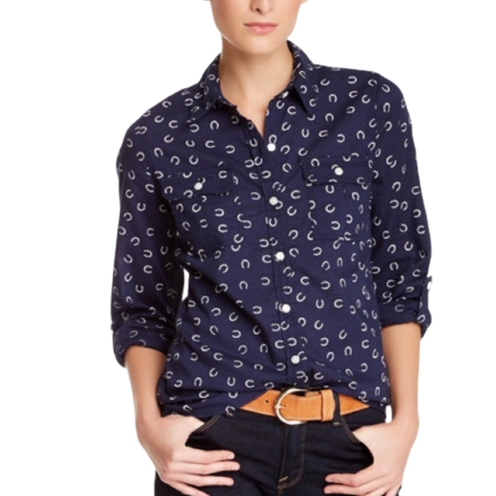 Lucky Brand Navy Blue Horseshoes Button Down Top